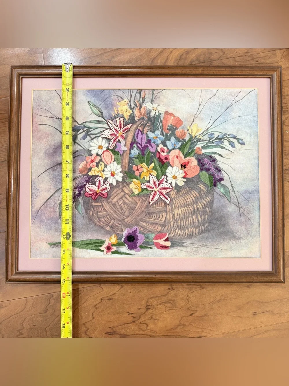 Vintage‎ Crewel 3D Embroidery Wicker Basket Garden Floral Flowers MCM Framed